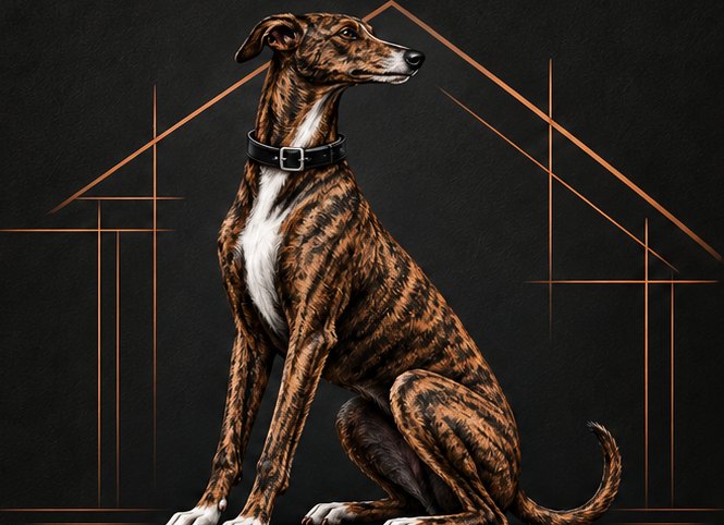 Greyhound Contracting logo: a brindle greyhound seated in front of a copper house frame